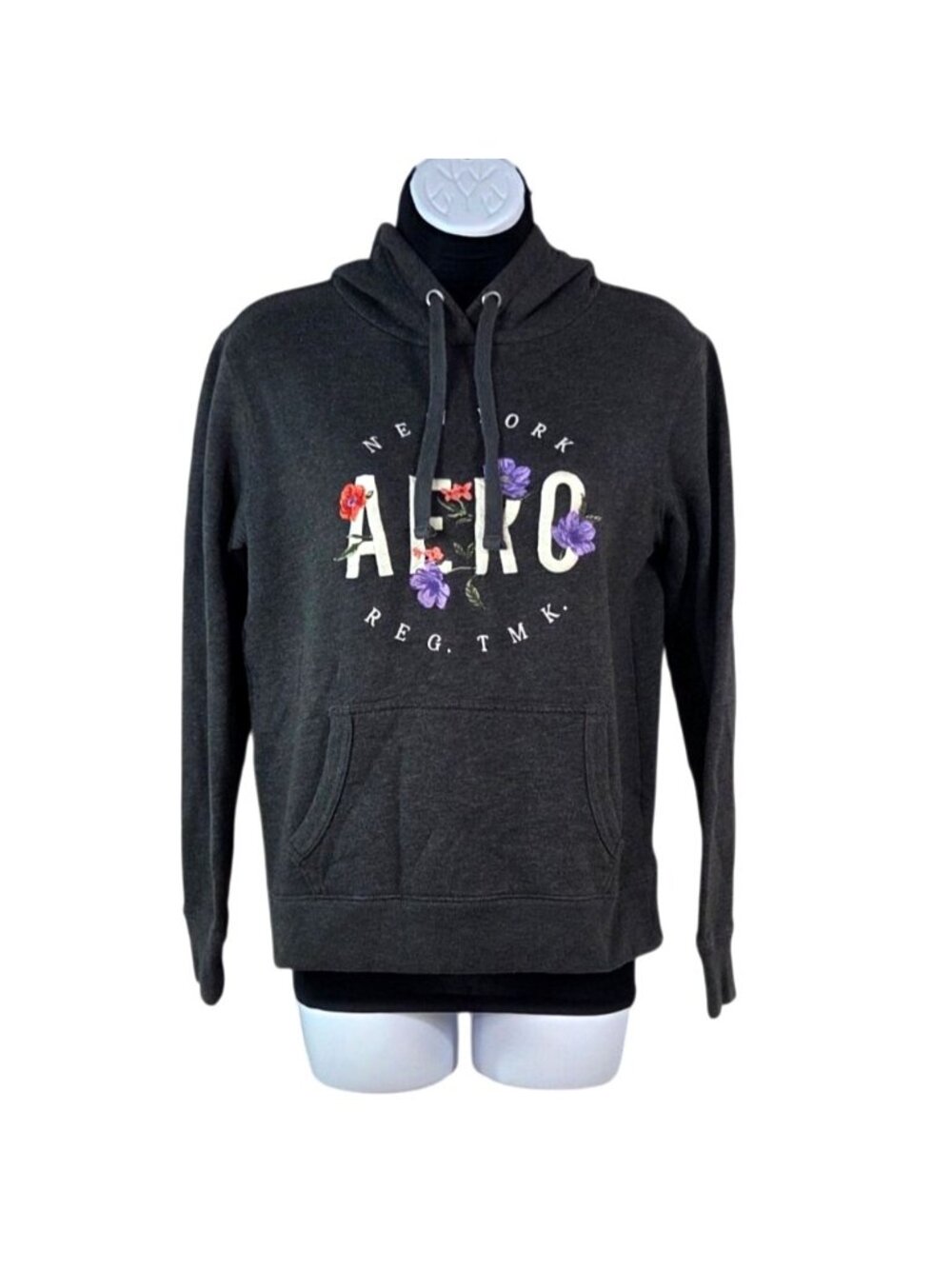 Aeropostale XS Charcoal Hoodie With Embroidered Floral "Aero" Graphic & Kangaroo
